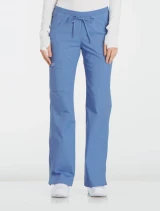 Front view of Cherokee Workwear Core Stretch Women's Low Rise Drawstring Flare Leg Cargo Scrub Pant 24001 in Ciel
