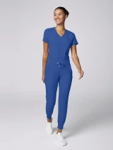 Full-length model view of Med Couture Insight Women's Drawstring Cargo Jogger Scrub Pant MC2711 in Royal