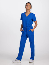 Full tucked-in view of the Spirit Scrubs women's cargo pant #PWB409 in royal.