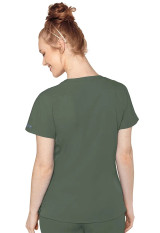 Back view of Med Couture Peaches V-neck top in olive. Item# MC8470