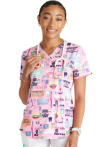 Front view of women's Cherokee Print top in Dental Life pattern.