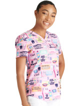 Right side view of women's Cherokee Print top in Dental Life pattern.