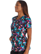 Right side view of women's Cherokee Print top in Brushing Blooms  pattern.