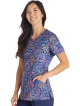 Left side view of women's Cherokee Print top in One In A Medallion pattern.