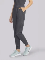 Left side view of Cherokee Workwear Revolution Women's Pull-On Drawstring Cargo Jogger Scrub Pant WW115 in Pewter
