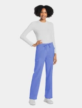 Full-length model view of Cherokee Workwear Originals Ultra Women's Drawstring Straight Leg Cargo Scrub Pant CK272A in Ciel