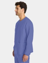 Three-quarter side view of Cherokee Workwear Originals Ultra Unisex Snap Front Scrub Jacket CK393A in Ciel
