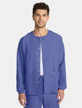 Open front view of Cherokee Workwear Originals Ultra Unisex Snap Front Scrub Jacket CK393A in Ciel