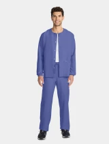Open front full-length model view of Cherokee Workwear Originals Ultra Unisex Snap Front Scrub Jacket CK393A in Ciel