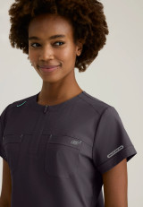  Zip front view of the Skechers Ripstop women's zip-neck tuckable scrub top skt284 in pewter
