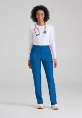 Full model view of the Grey's Anatomy Knit-Stretch women's straight-leg scrub pant GRSP685 in royal.