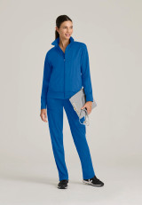 Full model view of the Grey's Anatomy Knit-Stretch women's zip-front scrub jacket GRSW923 in royal.
