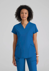 Front view of the Grey's Anatomy Knit-Stretch women's v-neck scrub top GRST249 in royal.