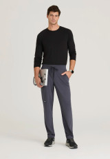 Full model view of the Grey's Anatomy Knit-Stretch men's straight-leg scrub pant GRSP706 in steel
