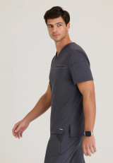 Side view of the Grey's Anatomy Knit-Stretch men's v-neck scrub top GRST275 in steel.