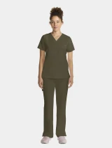 Full-length model view of Healing Hands Quest Women's Tuck-In V-Neck Scrub Top HH755 in Olive