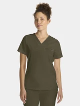 Three-quarter left side view of Healing Hands Quest Women's Tuck-In V-Neck Scrub Top HH755 in Olive