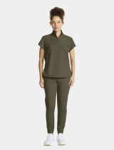Full-length model view of Healing Hands Quest Women's Quarter Zip Collar Scrub Top HH752 in Olive
