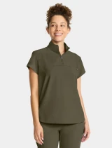 Three-quarter side view of Healing Hands Quest Women's Quarter Zip Collar Scrub Top HH752 in Olive
