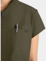 Chest pocket detail of Healing Hands Quest Women's Quarter Zip Collar Scrub Top HH752 in Olive