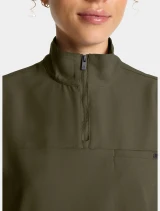 Front zipper detail of Healing Hands Quest Women's Quarter Zip Collar Scrub Top HH752 in Olive