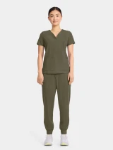Full-length model view of Healing Hands Quest Women's 3-Pocket Y-Neck Scrub Top HH751 in Olive