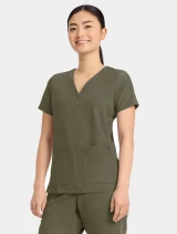 Left three-quarter side view of Healing Hands Quest Women's 3-Pocket Y-Neck Scrub Top HH751 in Olive