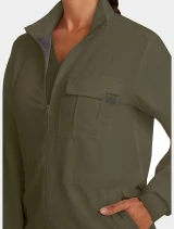 Chest and front pocket detail of Healing Hands Quest Women's Zip-Front Utility Scrub Jacket HH360 in Olive