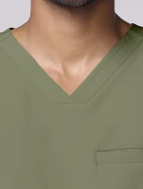 V-neck close-up of Healing Hands Quest Men's 1-Pocket Tuck-In V-Neck Scrub Top HH758 in Olive