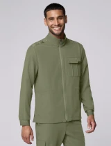 Right three-quarter side view of Healing Hands Quest Men's Zip-Front Utility Scrub Jacket HH361 in Olive