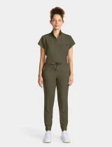 Full-length model view of Healing Hands Quest Women's Flat Front Jogger Scrub Pant HH155 in Olive