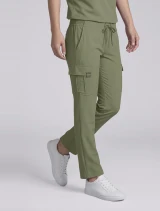 Right three-quarter side view of Healing Hands Quest Women's 6-Pocket Flare Leg Scrub Pant HH150 in Olive