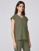Three-quarter side view of Healing Hands Quest Women's Built-In-Bra Dolman Scrub Top HH00029 in Olive