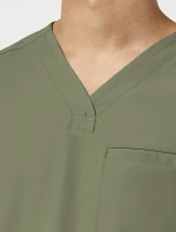 V-neck close-up of Healing Hands Quest Men's 4-Pocket V-Neck Scrub Top HH753 in Olive