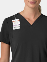 Zoomed in view of the badge reel holder on the  women's Carhartt flex panel vneck scrub top C13610 in black