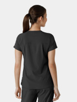 Back side view of a female healthcare worker wearing the women's Carhartt tuck-in v-neck scrub top c13410 in black