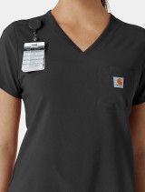 Zoomed in view of the badge reel holder on the  women's Carhartt tuck-in v-neck scrub top c13410 in black