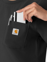 Zoomed in view of the chest pocket on the  women's Carhartt crew neck scrub top C13610 in black