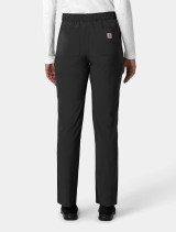 Back side view of a female healthcare worker wearing the women's Carhartt straight leg pant C53210 in black