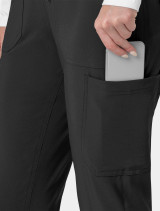 A close up view of the right leg cargo pocket on the  Carhartt womens jogger scrub pant C53110 in black