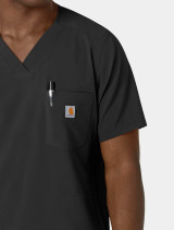 A close up view of the chest pocket on the  Carhartt mens vneck scrub top C16410 in black