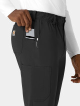 A close up view of the right pocket on the  Carhartt mens straight leg pant C56410 in black
