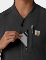 A close up view of the chest pocket on the  Carhartt womens scrub vest C82510 in black