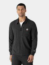 A front view from the waist up of a healthcare worker wearing the Carhartt mens scrub jacket C86310 in black
