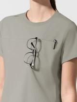 Chest pocket with eyeglass and pen slot detail of WINK Aura Women's Tuckable Crew Neck Scrub Top 6170 in Cool Gray
