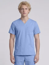 Front view of Cherokee Workwear Originals Ultra Men's 3 Pocket V-Neck Scrub Top CK783A in Ciel