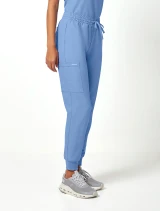 Right leg view of the Cherokee Ultra women's jogger scrub pant in ciel blue (style CK00034A)