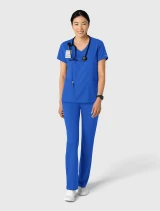 Full-length model view of WINK Boundless Women's 2-Pocket V-Neck Scrub Top 6251 in Royal