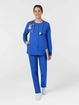 Full-length model view of WINK Boundless Women's Button-Front Warm-Up Scrub Jacket 8751 in Royal