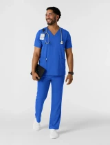 Full-length model view of WINK Boundless Men's 4-Pocket V-Neck Scrub Top 6351 in Royal